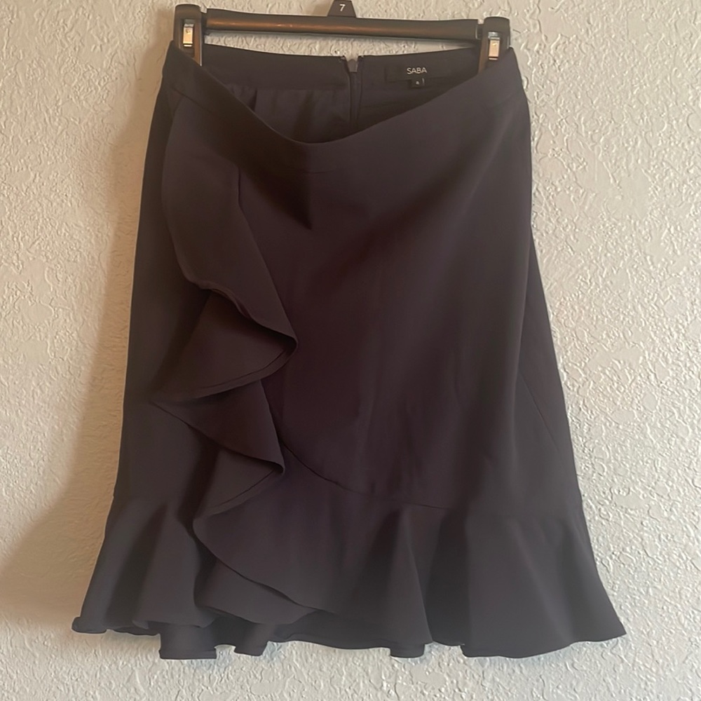 Saba size 8 navy pencil skirt with side/bottom ruffles. Zip +hook closureNo flaw
